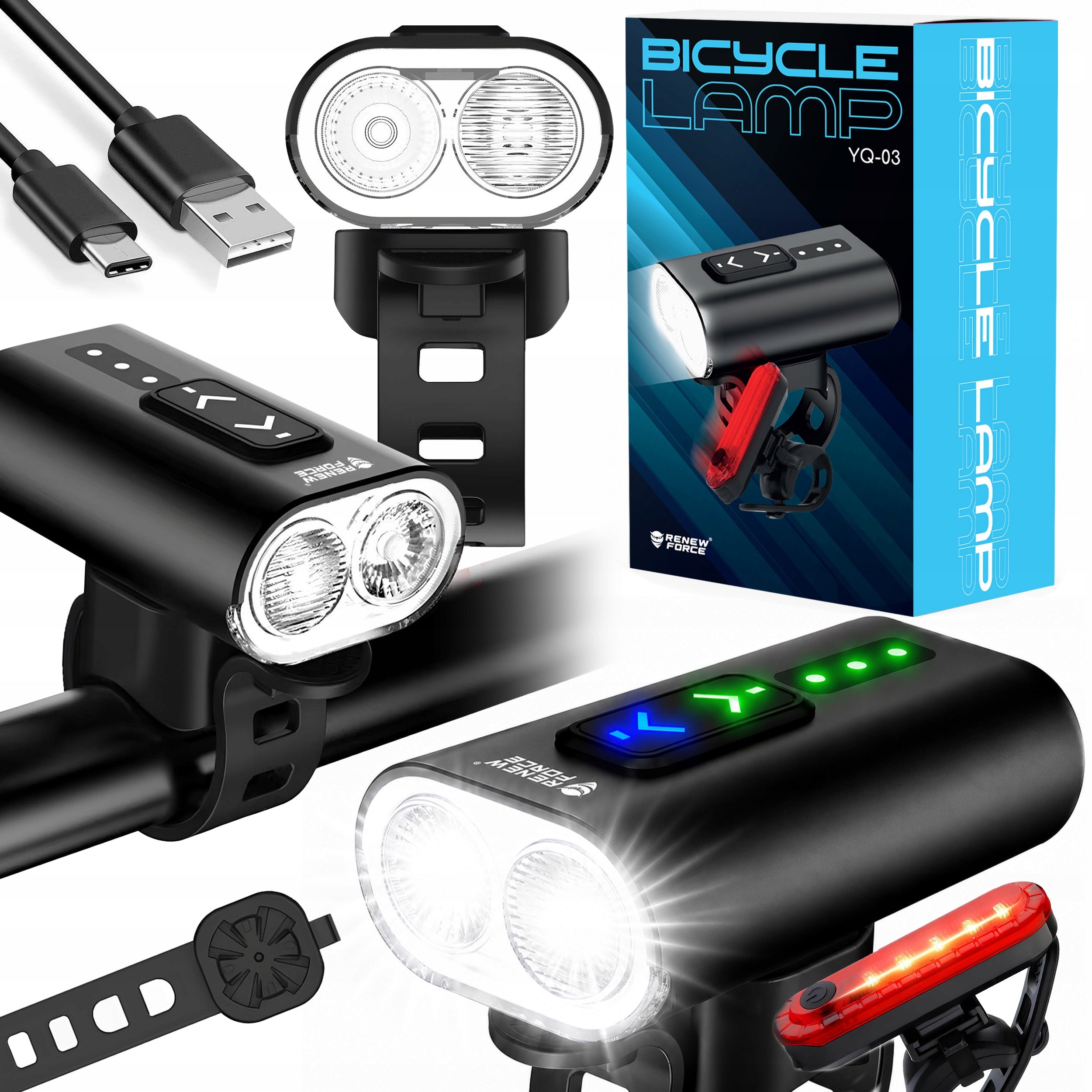 STRONG LED BIKE LIGHT ACU USB BIKE LIGHTS FRONT + REAR 13 MODES
