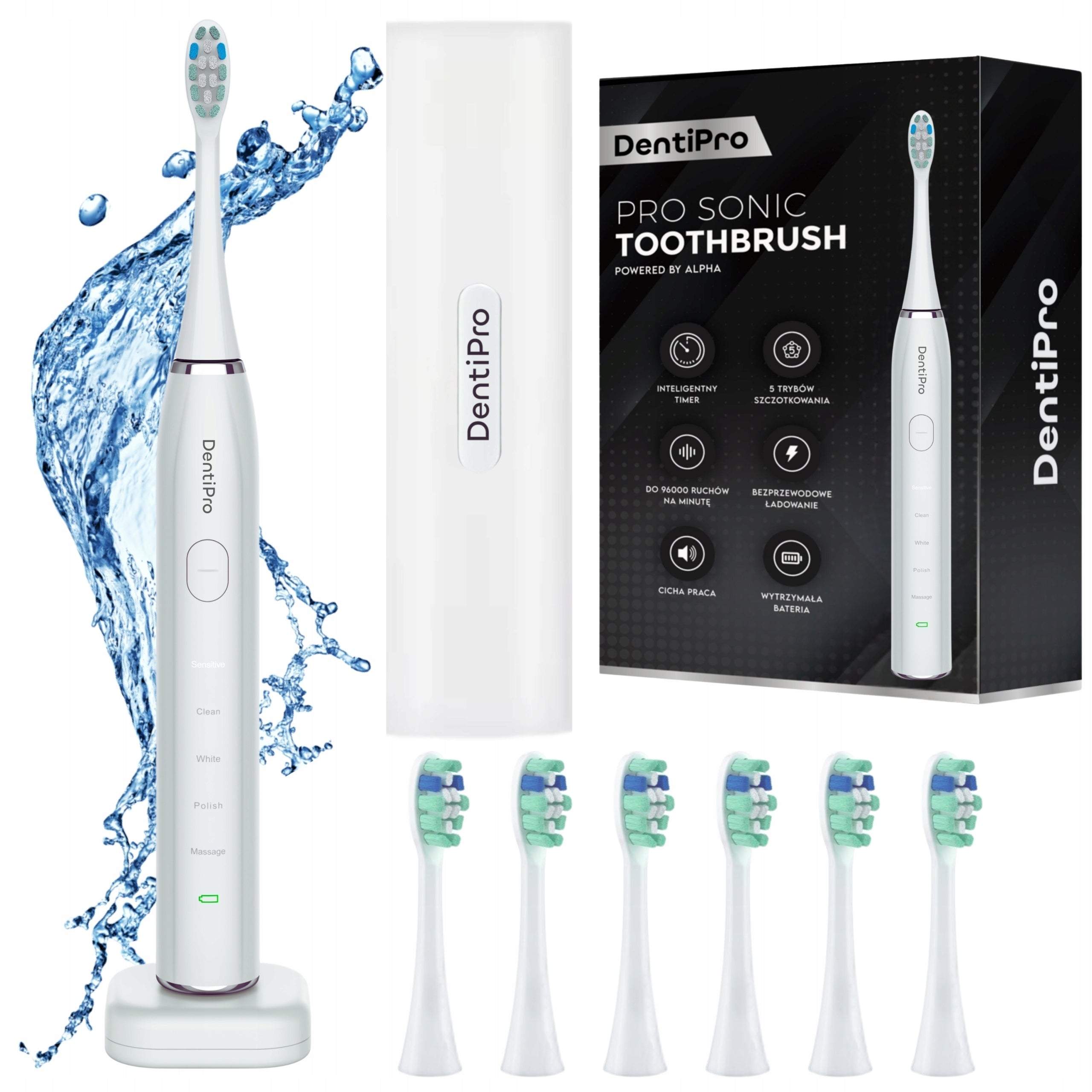 STRONG SONIC TOOTHBRUSH 5 MODES CASE SET + 6 TIPS WHITE