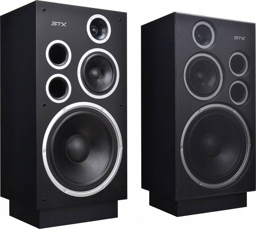 STX F-330 stereo floorstanding speakers - black and silver
