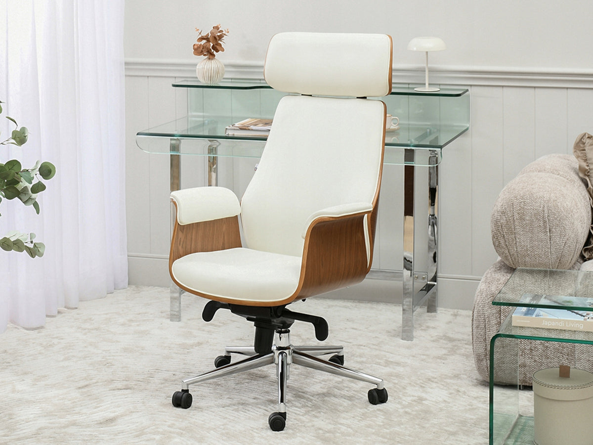 STYLISH BENT WOOD OFFICE CHAIR WALNUT LEONARD FAUX LEATHER CREAM CHROME Manufacturer code 5907698696551