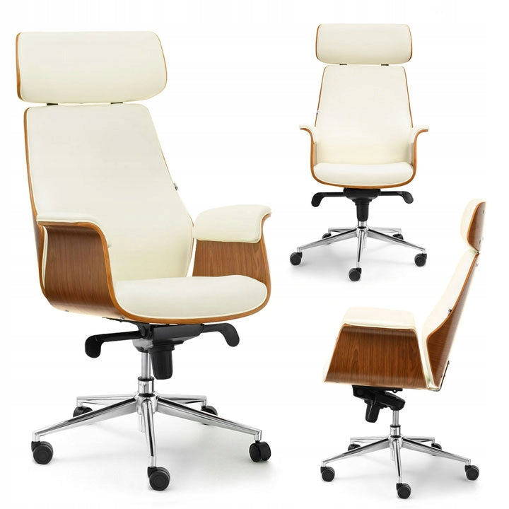 STYLISH BENT WOOD OFFICE CHAIR WALNUT LEONARD FAUX LEATHER CREAM CHROME