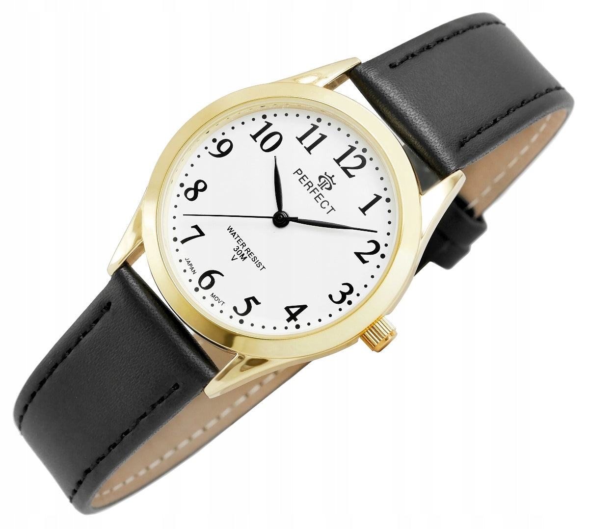 STYLISH WOMEN'S WATCH - GOLD CASE - BLACK LEATHER STRAP - PERFECT Batteries included yes