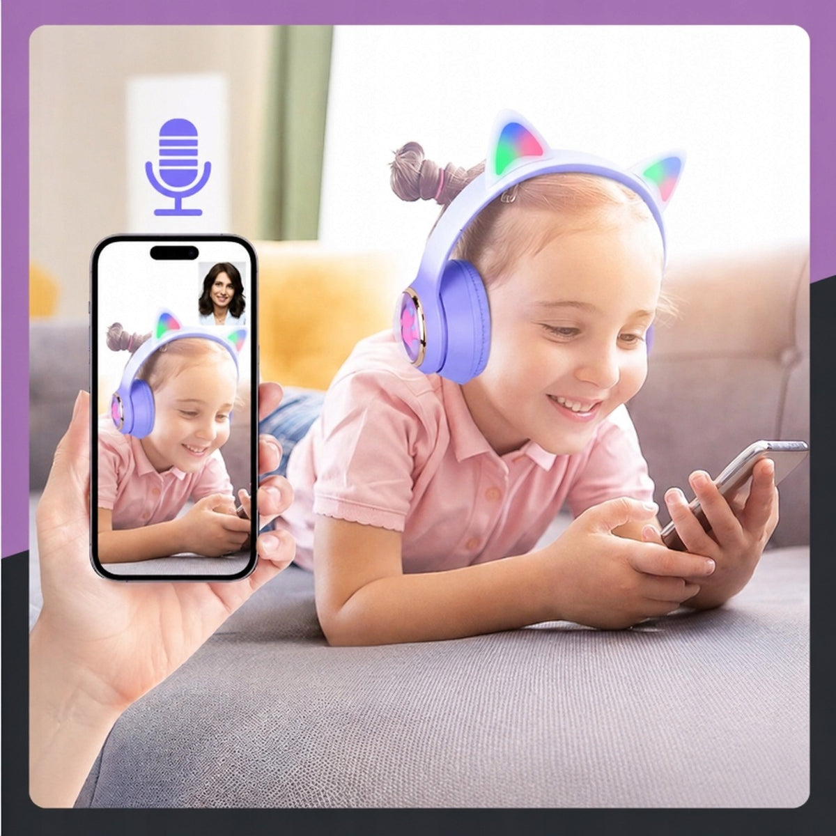 SŁUCHAWKI BEZPRZEWODOWE NAUSZNE DLA DZIECI RGB KOCIE USZY BLUETOOTH RÓŻOWE Packaging status original