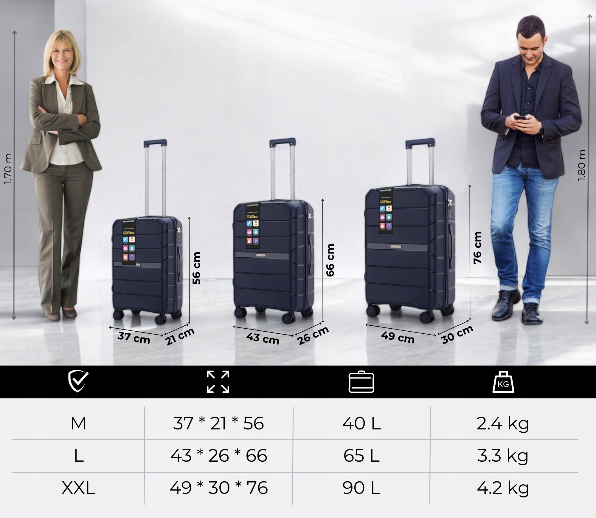 SUITCASE MEDIUM INDESTRUCTIBLE TRAVEL LUGGAGE ON WHEELS "L" Width (longer edge) 40 cm