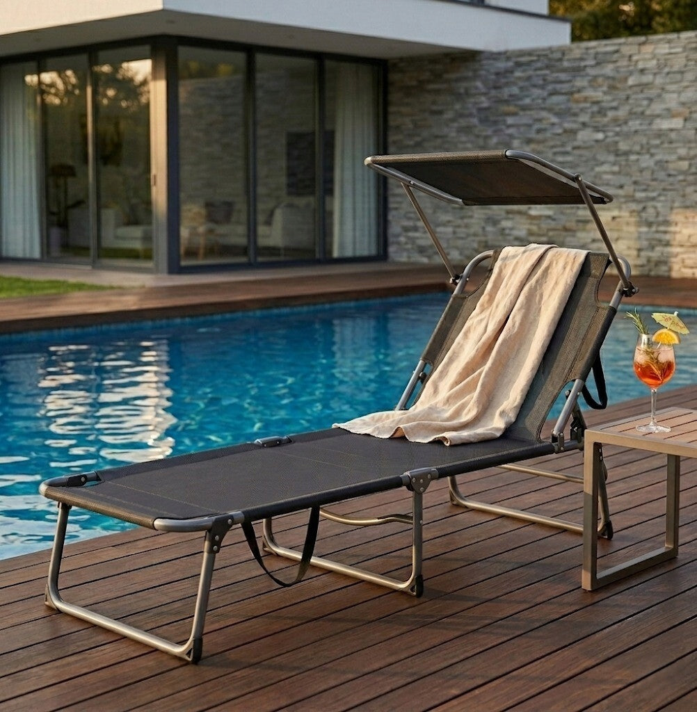 SUN LOUNGER FOLDING WITH VISOR GARDEN CHAIR BEACH CAMPING CHAIR 120KG Kind sunbed