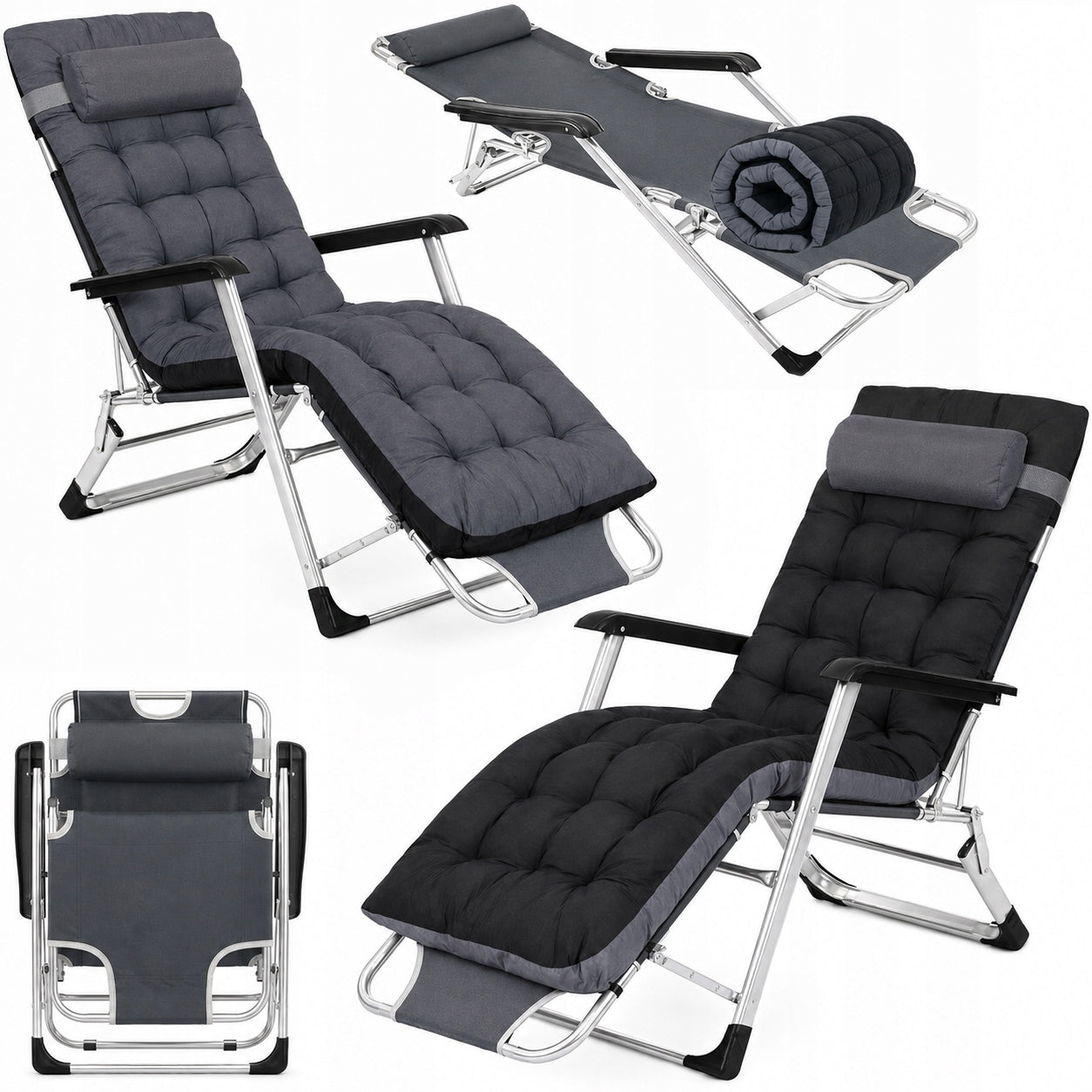 SUN LOUNGER WITH DOUBLE-SIDED CUSHION GARDEN CHAIR FOLDING LIGHT BEACH CHAIR