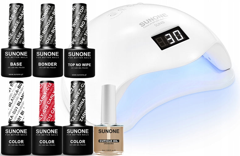 Gelinio nagų lakavimo rinkinys S01: lempa SUNONE SUN5 48W + priedai
