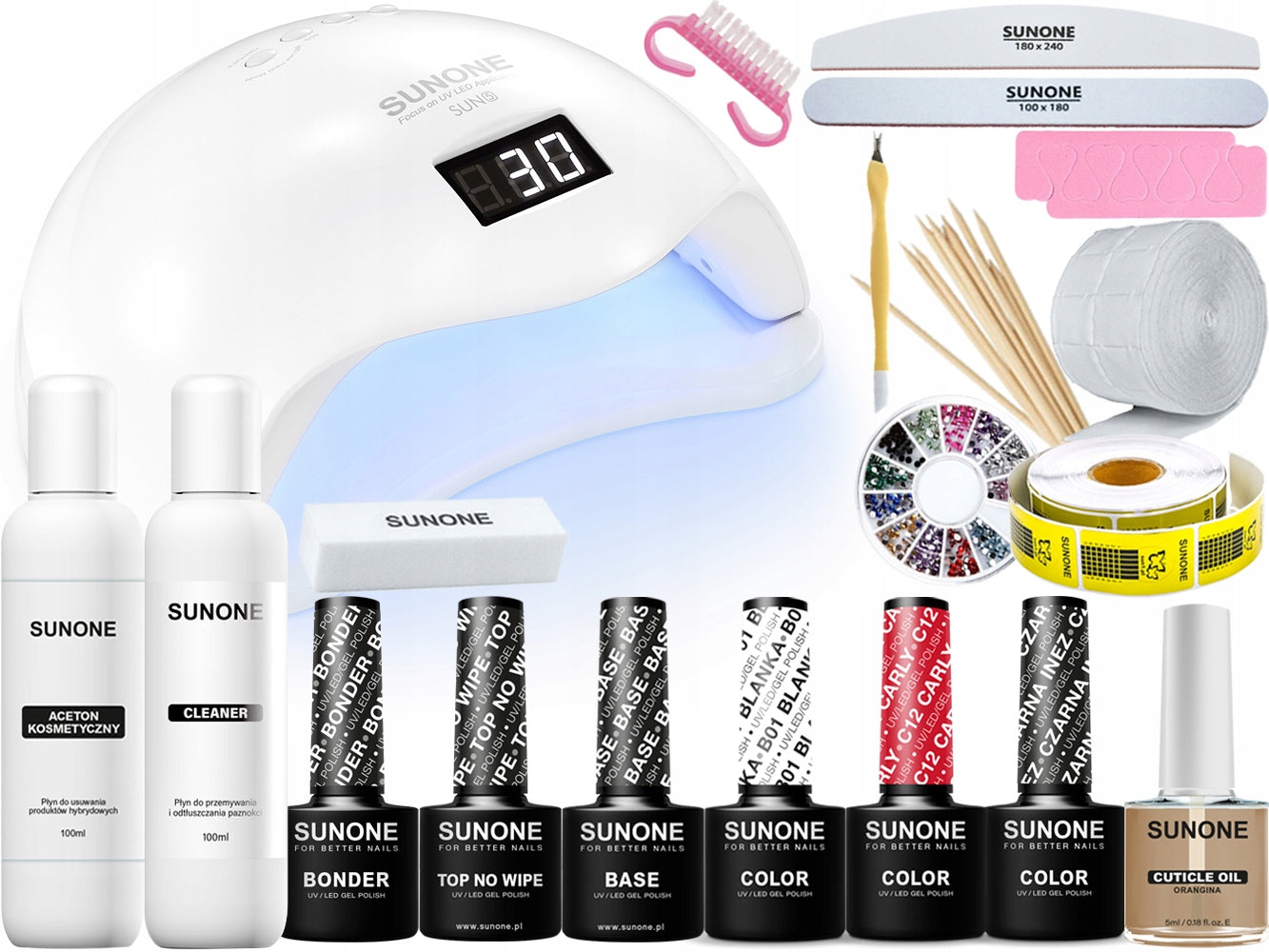 Gelinio nagų lakavimo rinkinys S01: lempa SUNONE SUN5 48W + priedai