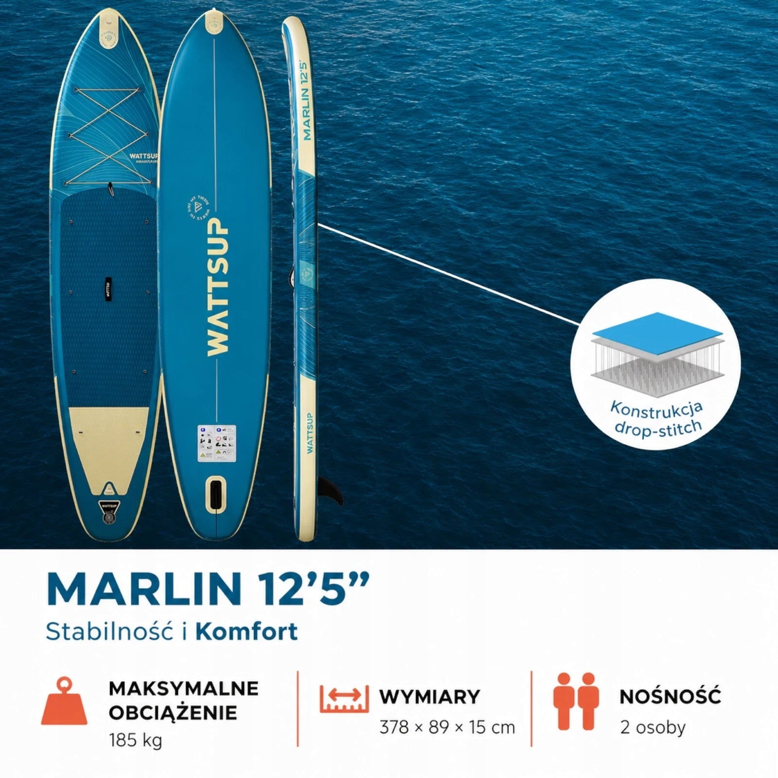 SUP BOARD WATTSUP 378cm MARLIN 12,5 KAYAK 4IN1 PADDLE PUMP BAG LANYARD Product weight with unit packaging 10 kg