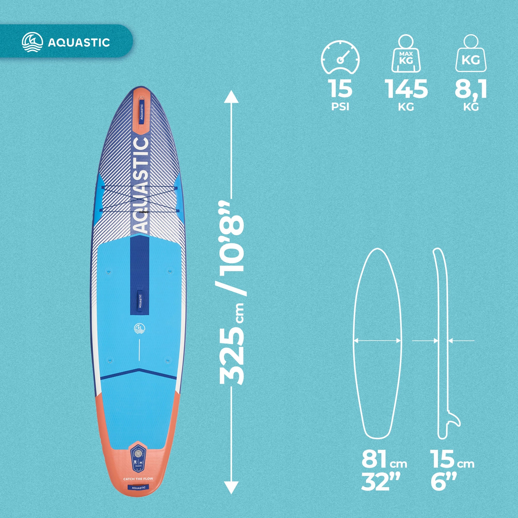 SUP board AQUASTIC Perth 10'8" allround blue 325 cm DROP STITCH LITE Brand Aquastic