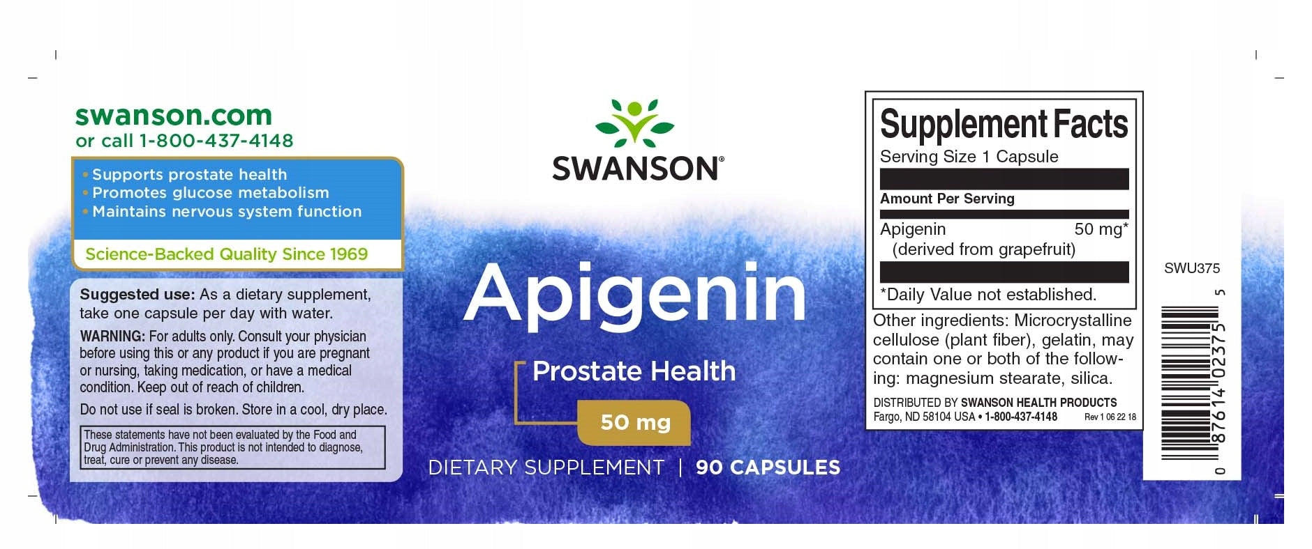 SWANSON Apigenin (Prostate Health) 90 Vegetarian Capsules Expiration date at least six months from the date of purchase
