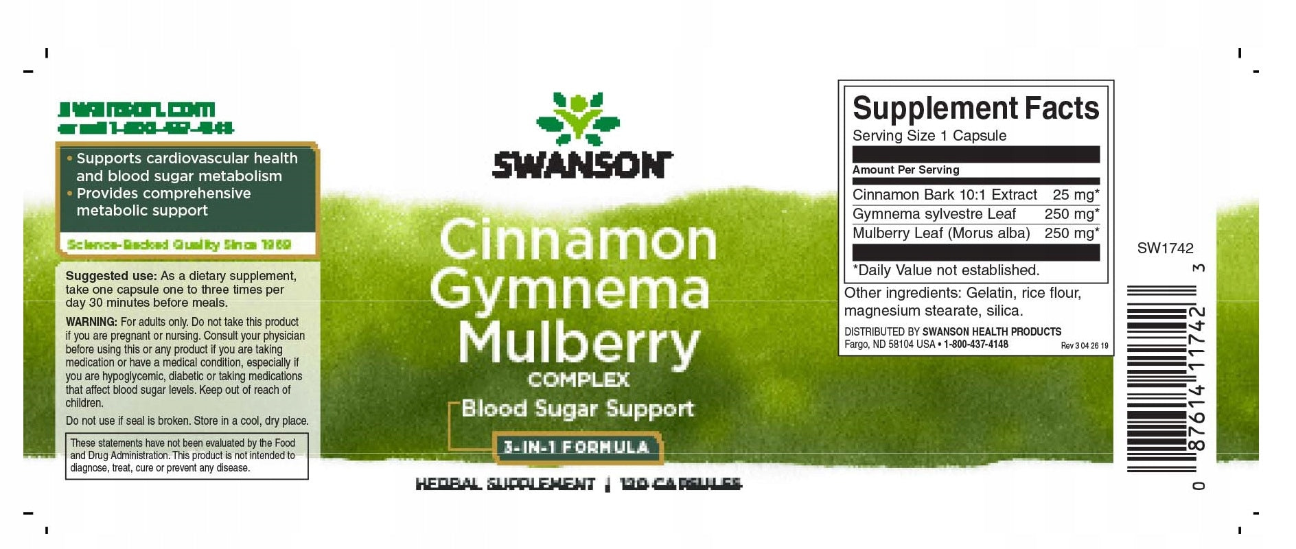 SWANSON Cinnamon Gymnema Mulberry Complex 120 capsules Expiration date at least six months from the date of purchase