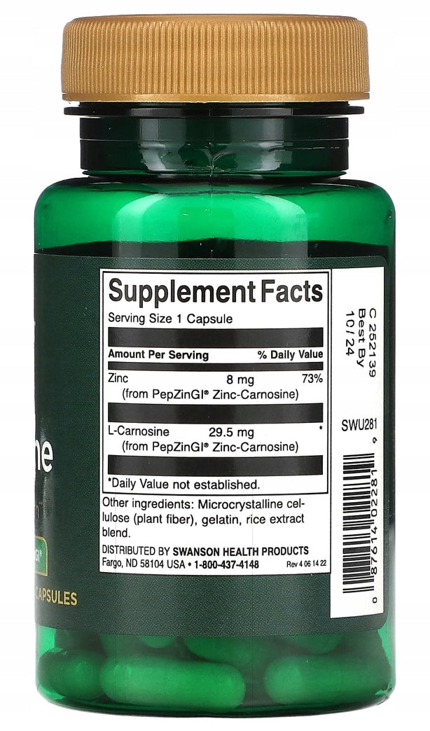 SWANSON - ZINC L-carnosine | ZINC Carnosine | PepZin | DIGESTIVE SYSTEM 60k. Expiration date at least 1 year from the date of purchase