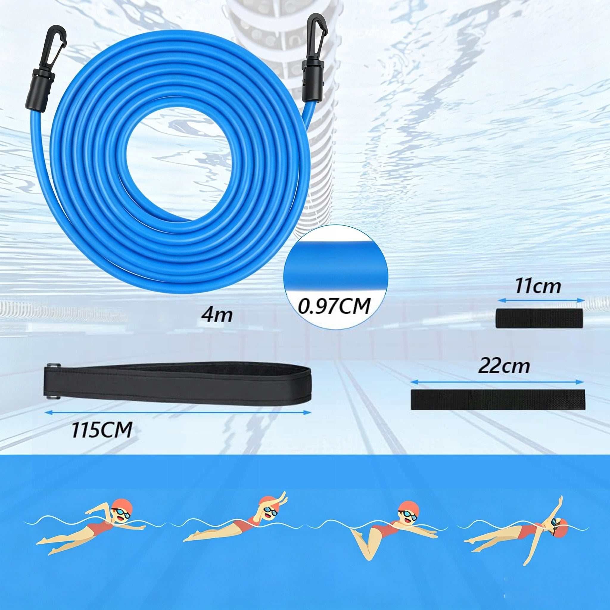 SWIMMING BELT IN THE POOL – RESISTANCE HARNESS, ADJUSTABLE, 4 M, FOR TEENAGERS Model PAS DO PŁYWANIA W BASENIE