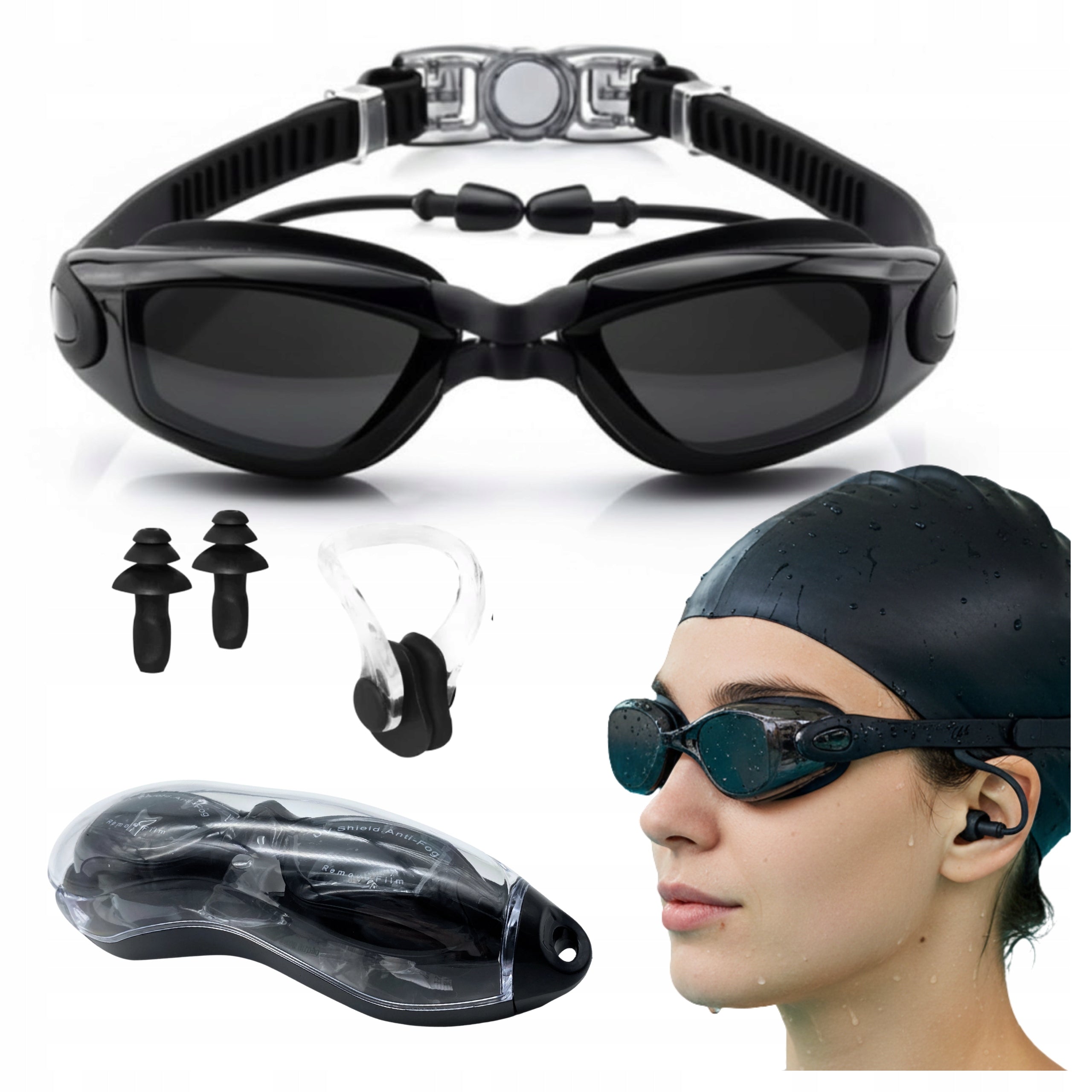 SWIMMING GOGGLES FOR POOL GLASSES Nose Ear Plugs ANTIFOG +Etui Packaging status original