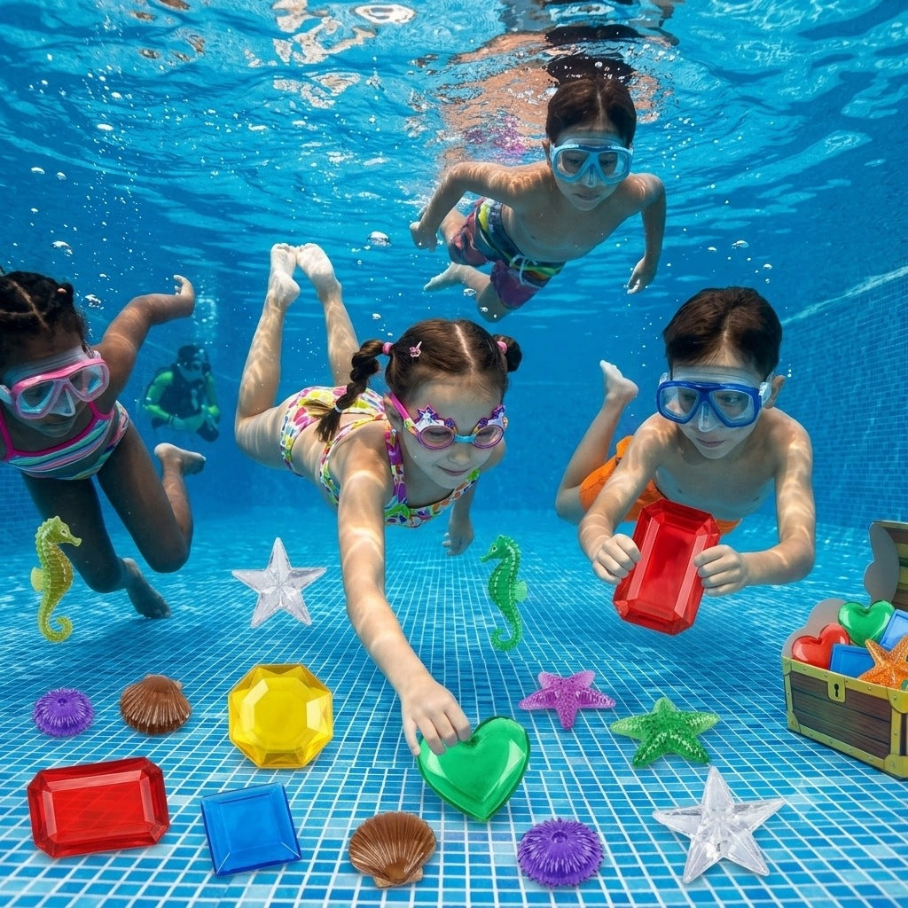 SWIMMING POOL WATER TOYS DIVING BATHING SEA TREASURES 8PCS Packaging status original