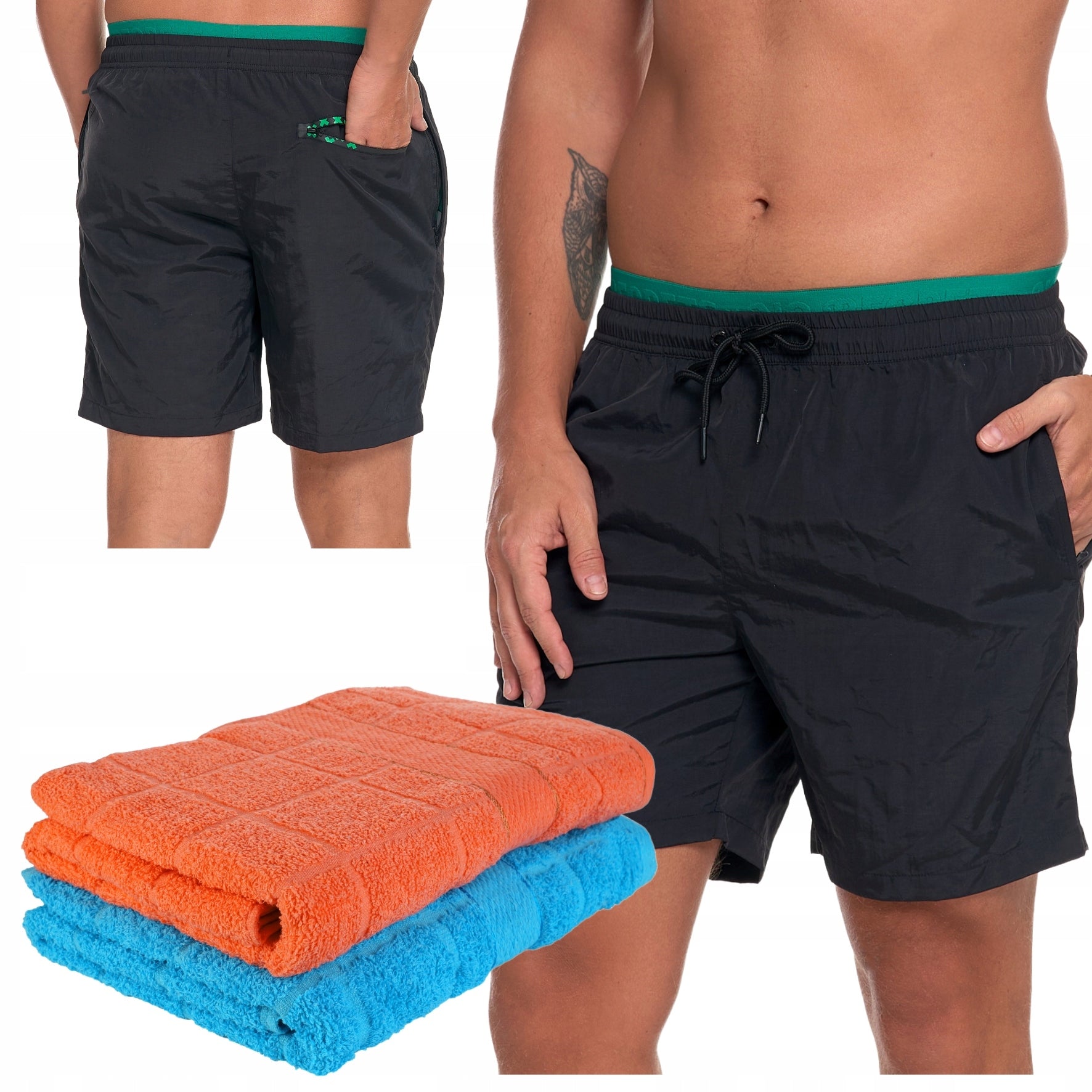 SWIMMING TRUNKS men's beach shorts black comfortable FREEBIE TOWEL MORAJ XL