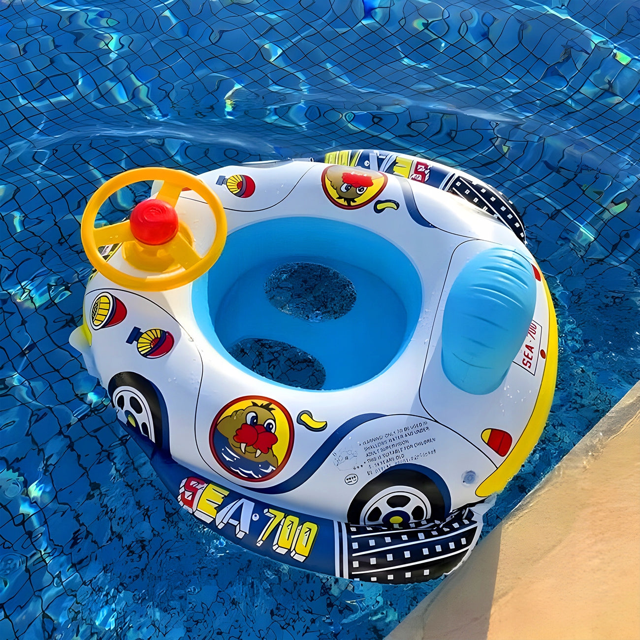 SWIMMING WHEEL MOTORBOAT WITH STEERING WHEEL PONTOON FOR CHILDREN SEAT 66 CM Certificates and opinions CE