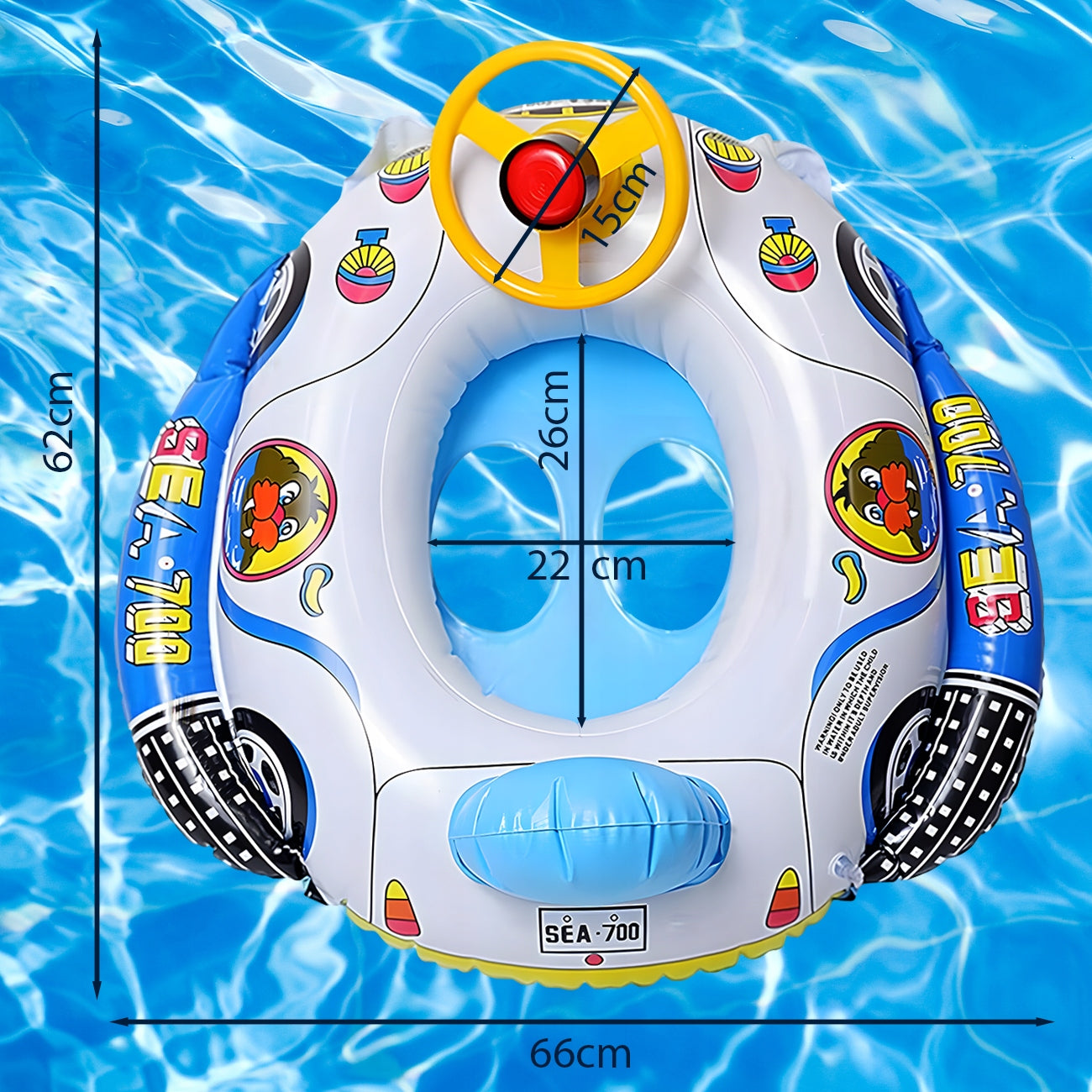 SWIMMING WHEEL MOTORBOAT WITH STEERING WHEEL PONTOON FOR CHILDREN SEAT 66 CM EAN (GTIN) 5906647726707