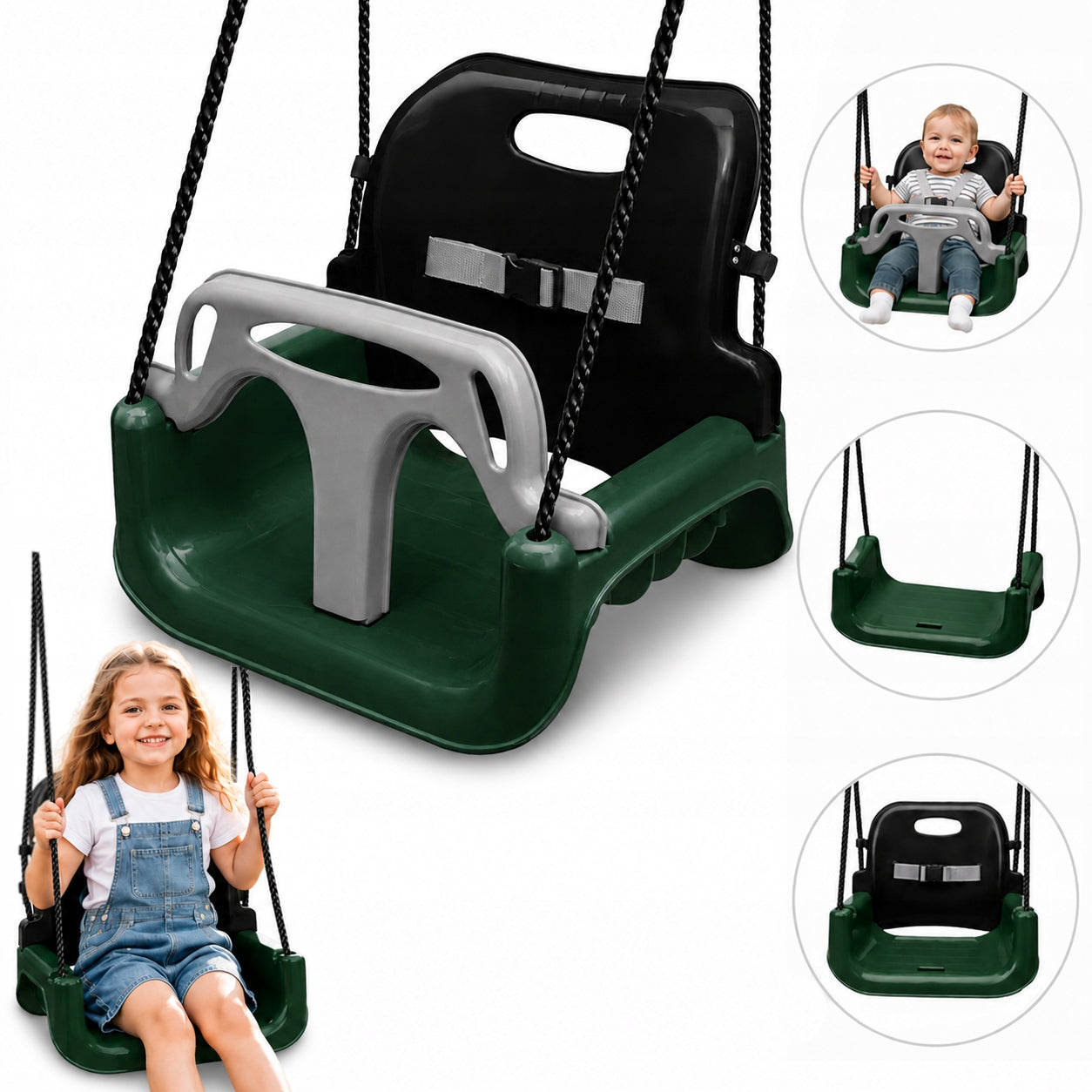 SWING FOR CHILDREN GARDEN CHAIR HANGING 3in1 STRONG BUCKET BLACK GREEN
