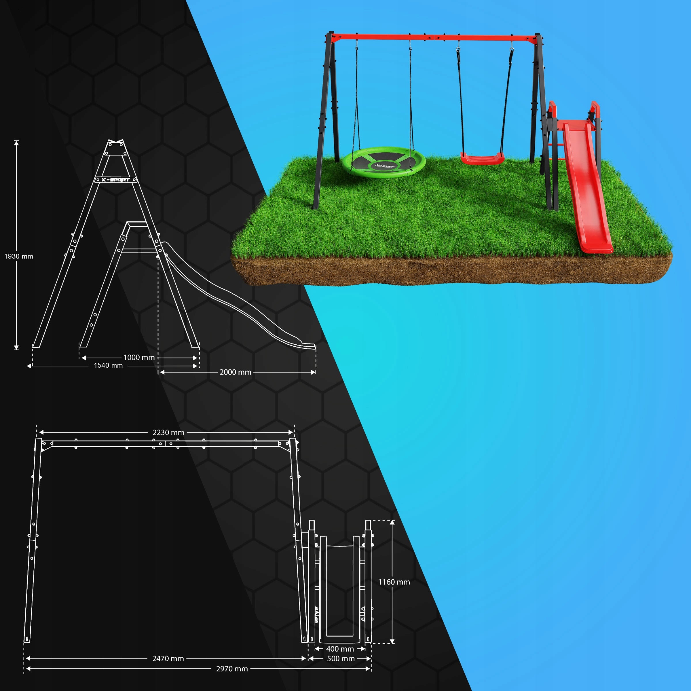 SWING Frame for children GARDEN SLIDE STORK NEST metal Color red