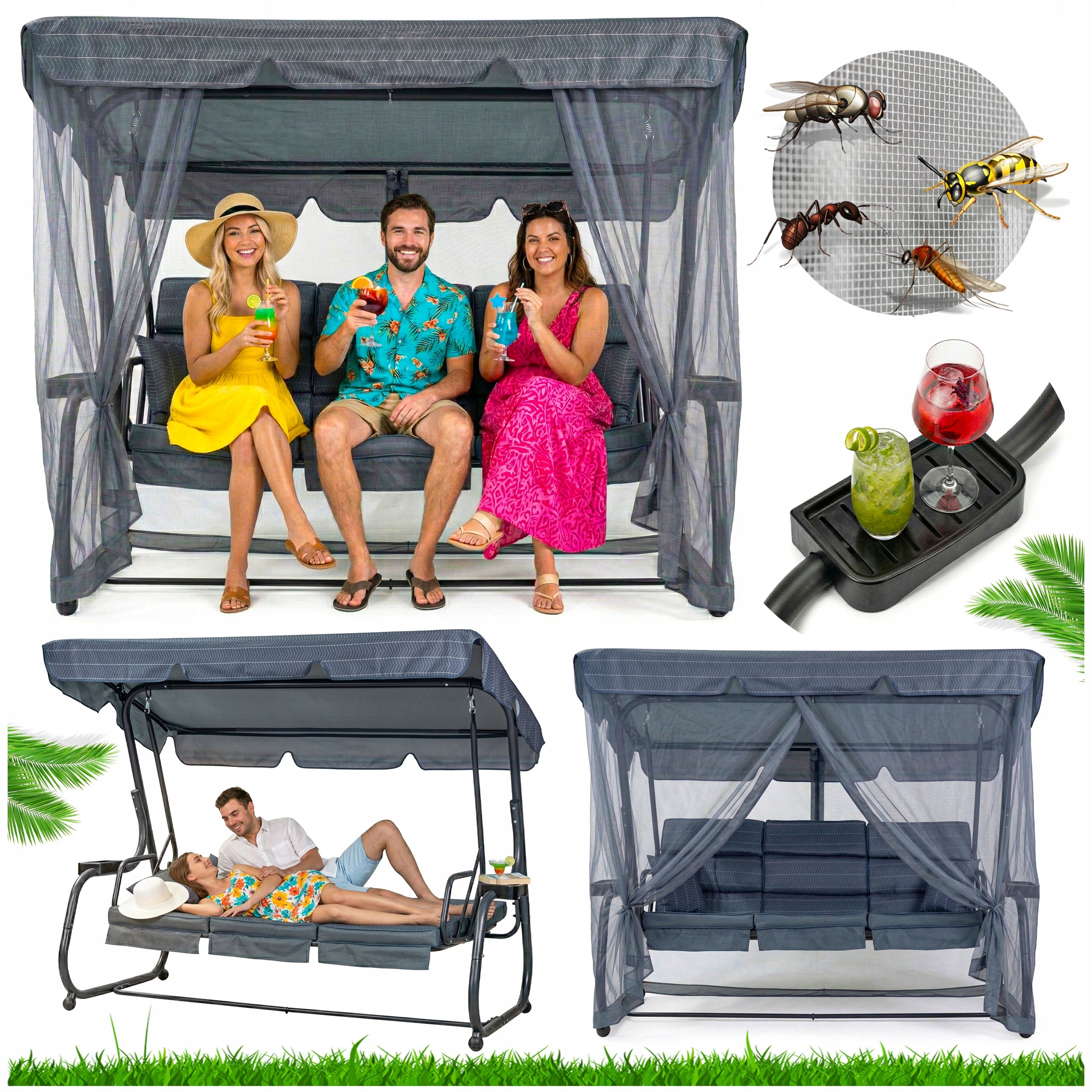 SWING Garden ROCKING BENCH 3 seater LARGE COUCH FOLDING mosquito net