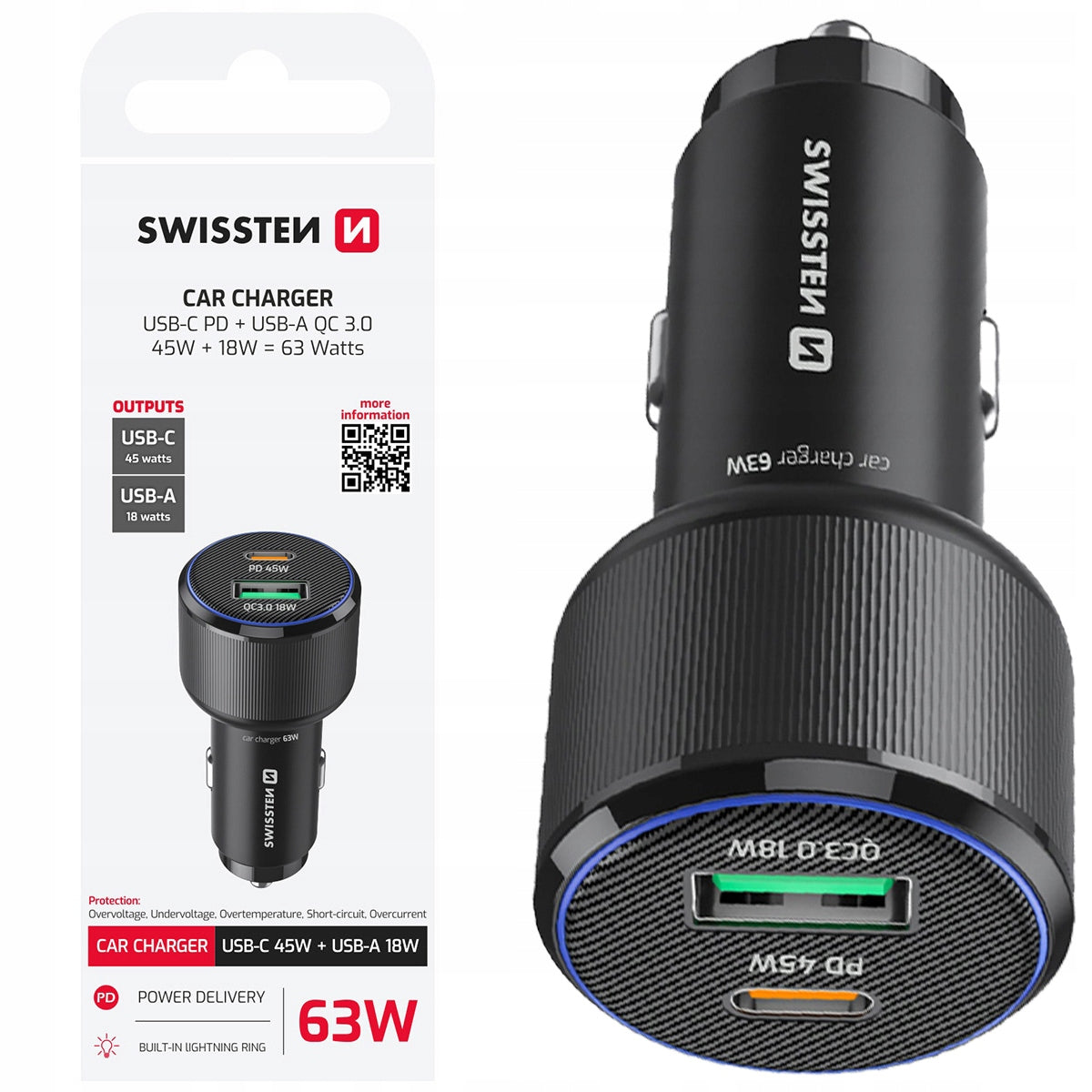 SWISSTEN CAR CHARGER compact 1 x USB-C PD + 1 x USB-A QC 63W
