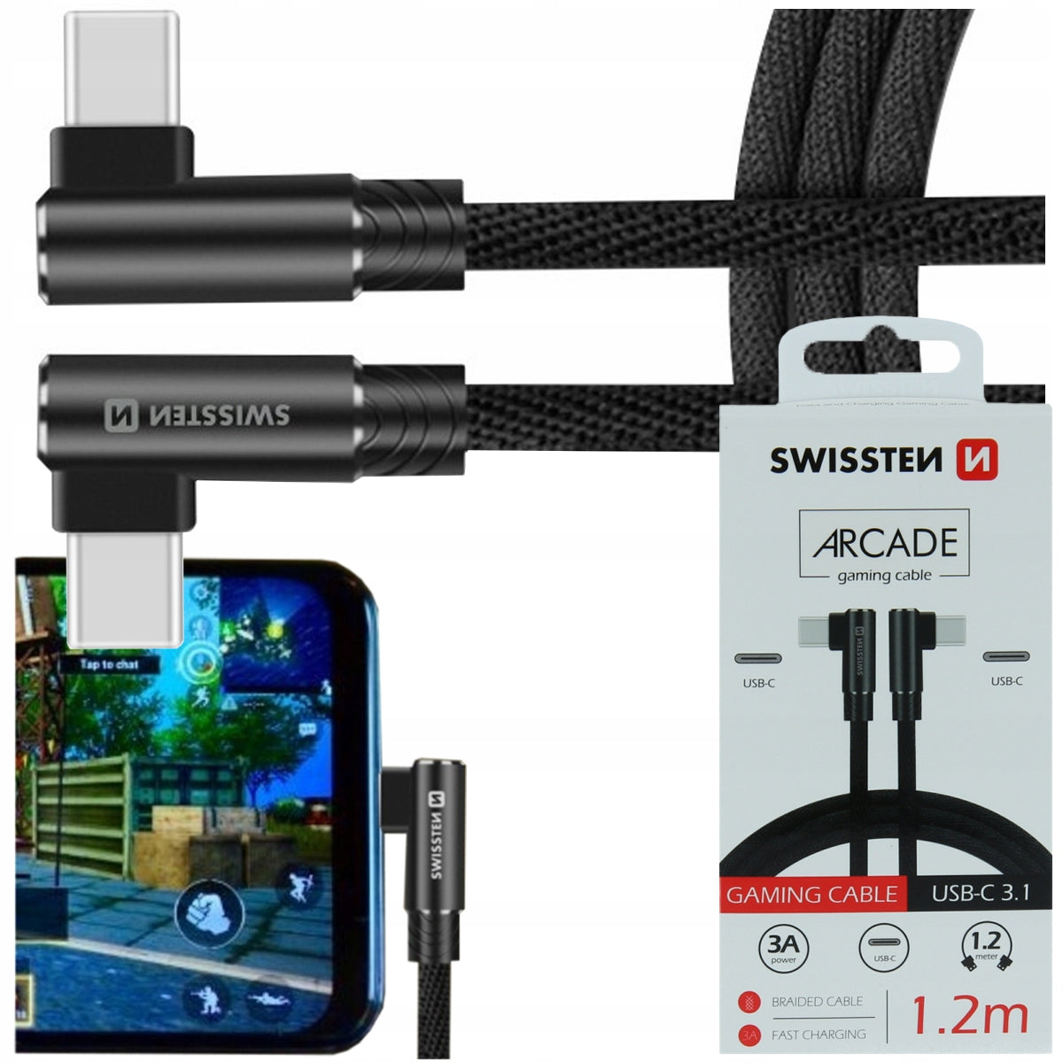 Swissten universalus greito įkrovimo laidas 3.1 USB-C, 1,2m, Juodas