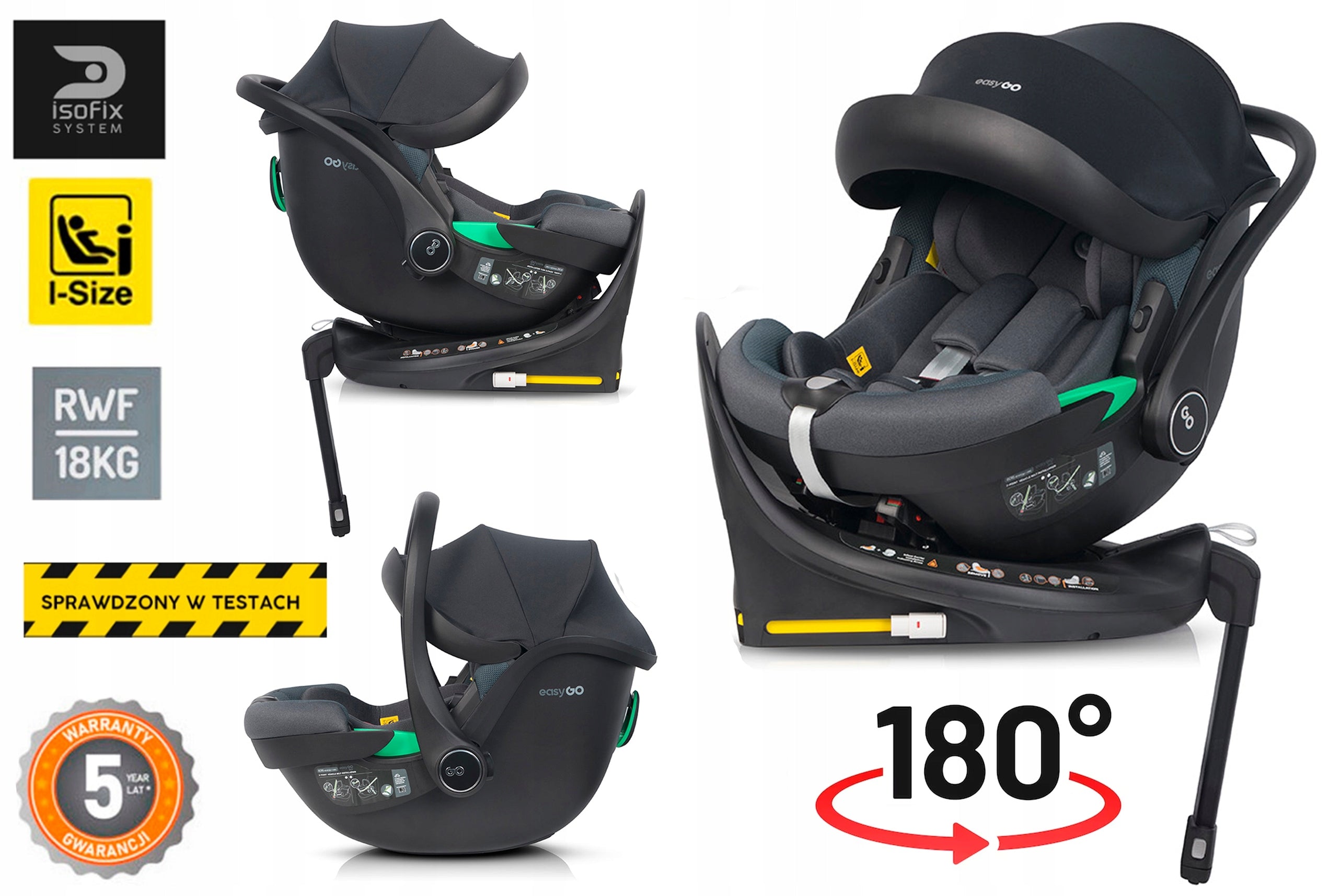 SWIVEL CAR SEAT + BASE ISOFIX I-SIZE 0-13 KG 0-87 CM ADJUSTABLE Manufacturer code EASYGO BUZ PRO z obrotową bazą 40 cm 87 cm