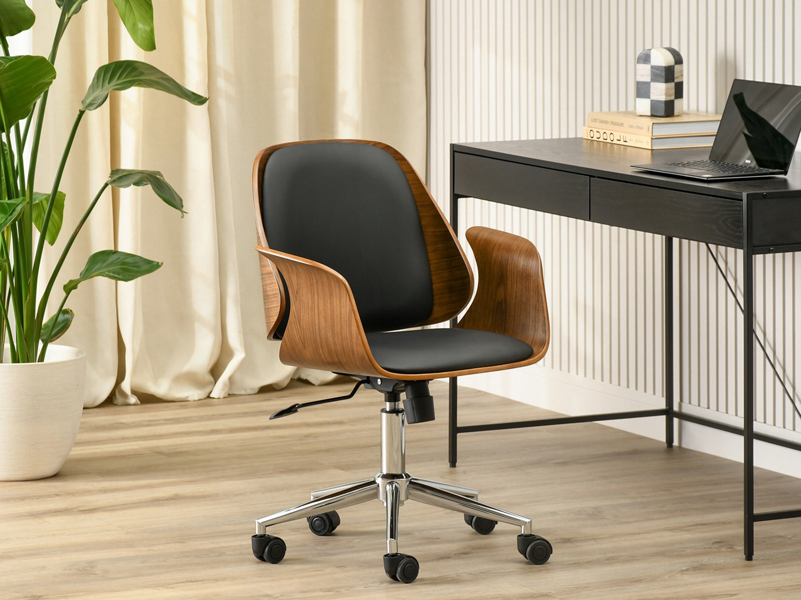 SWIVEL CHAIR ADJUSTABLE IN WOOD AND LEATHER ENRIC WALNUT BLACK CHROME Brand Mebel-Partner