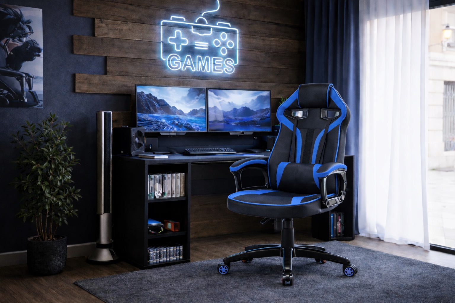 SWIVEL CHAIR GAMING DRIFT CHAIR WHEELS FAUX LEATHER BLACK BLUE Packaging status original