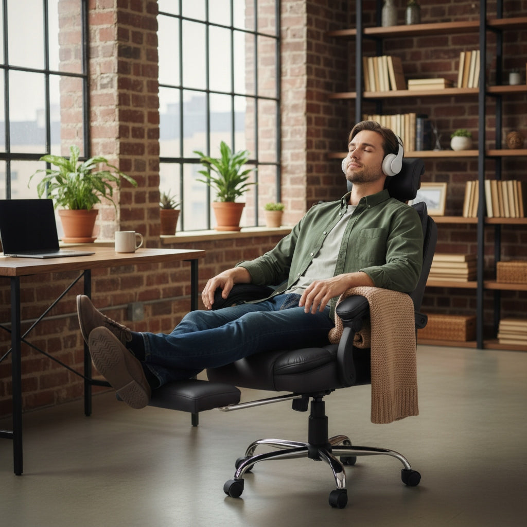SWIVEL OFFICE CHAIR with Footrest Black Adjustable Backrest 150 kg Manufacturer code fotel odchylany do komputera biurka pracy 548