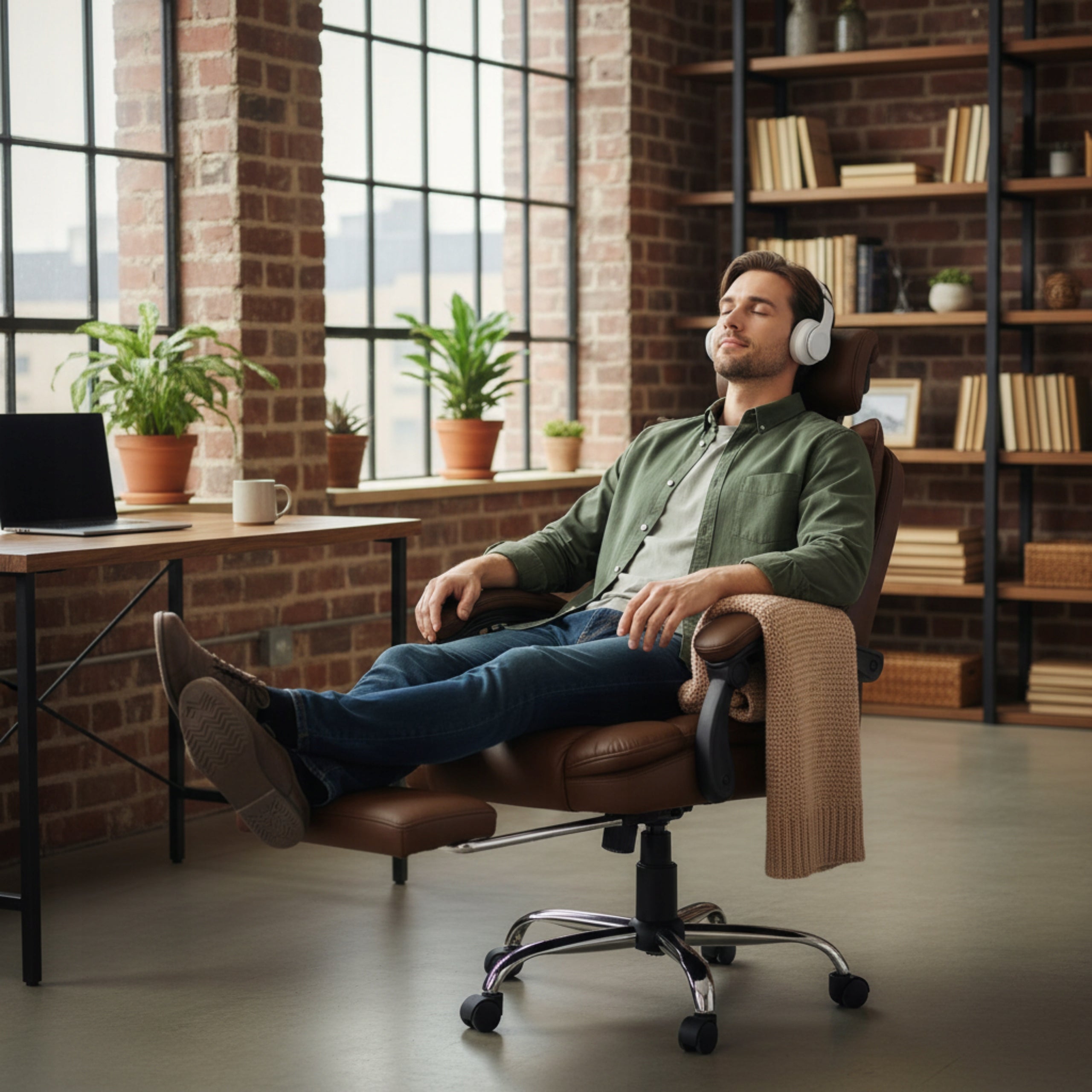 SWIVEL OFFICE CHAIR with Footrest Brown Adjustable Backrest 150 kg Manufacturer code fotel odchylany do komputera biurka pracy 156