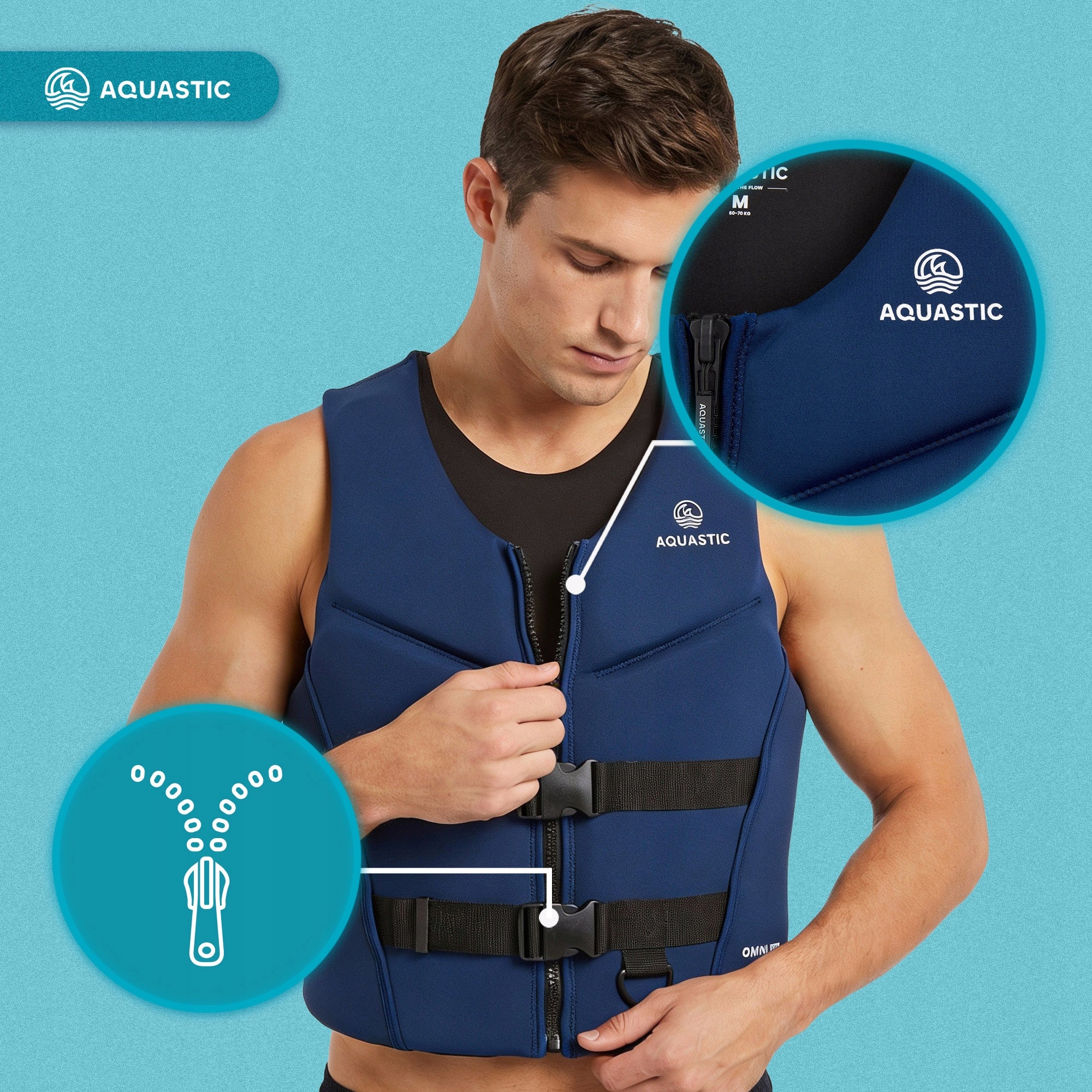 Safety vest AQUASTIC Omni 50N M for kayak SUP COMFORTABLE DURABLE Type lifeguard
