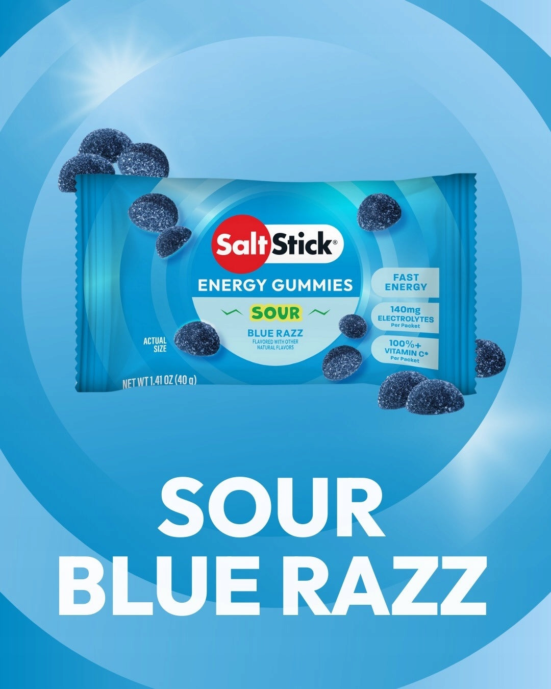 SaltStick Energy gummies with blue raspberry flavored electrolytes 40g Packaging status original