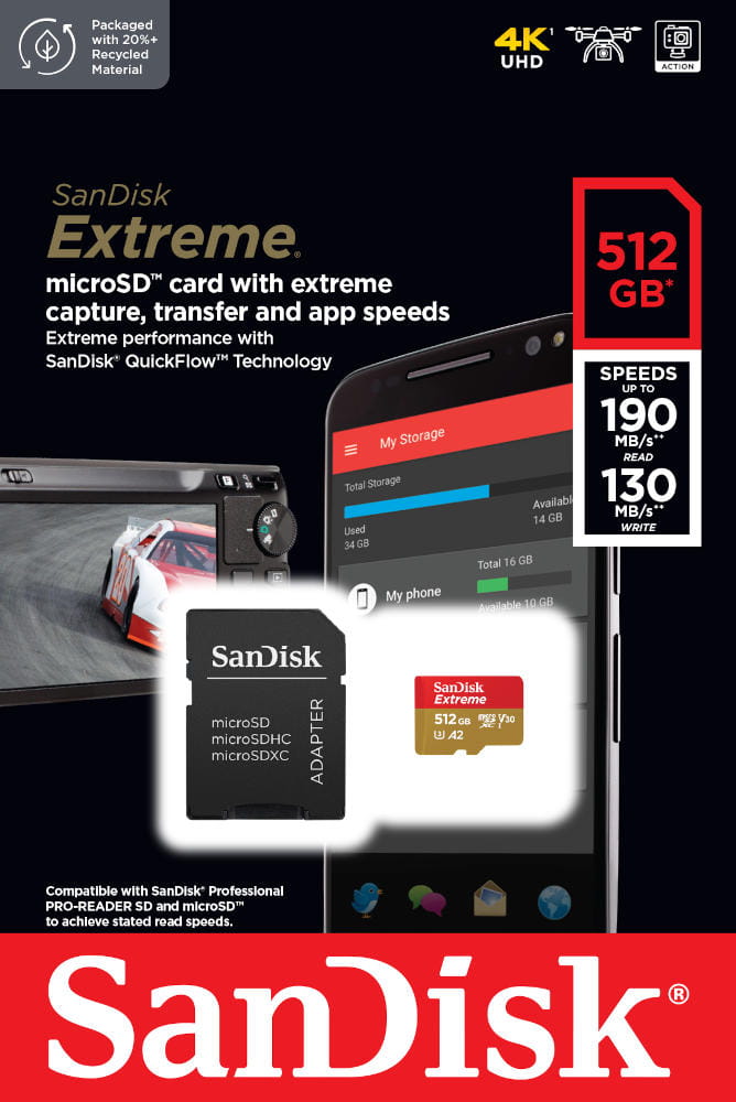 SanDisk Extreme micro SDXC 512GB 190/130 MBs Memory Card Manufacturer code SDSQXAV-512G-GN6MA