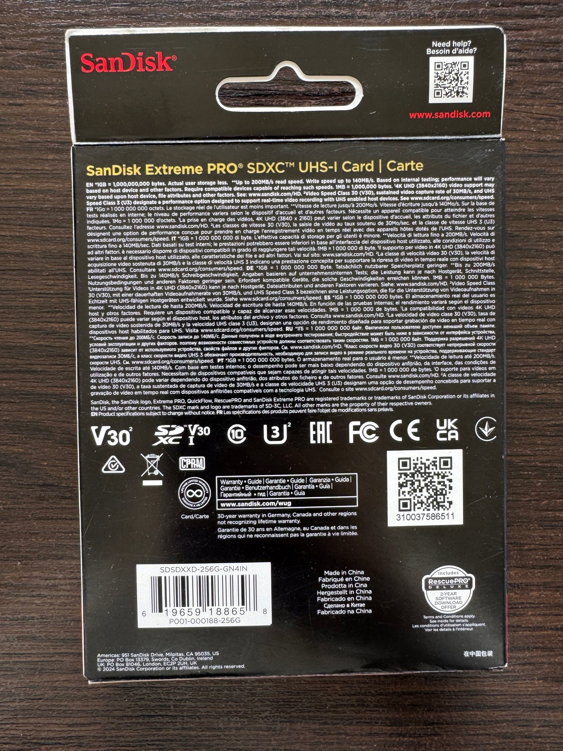 SanDisk SDXC 256GB Extreme Pro 200/140 MB/s V30 UHS-I U3 Manufacturer SanDisk
