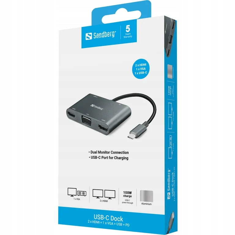 Sandberg USB-C Dock 2xHDMI+1xVGA+USB+PD Manufacturer code 136-35