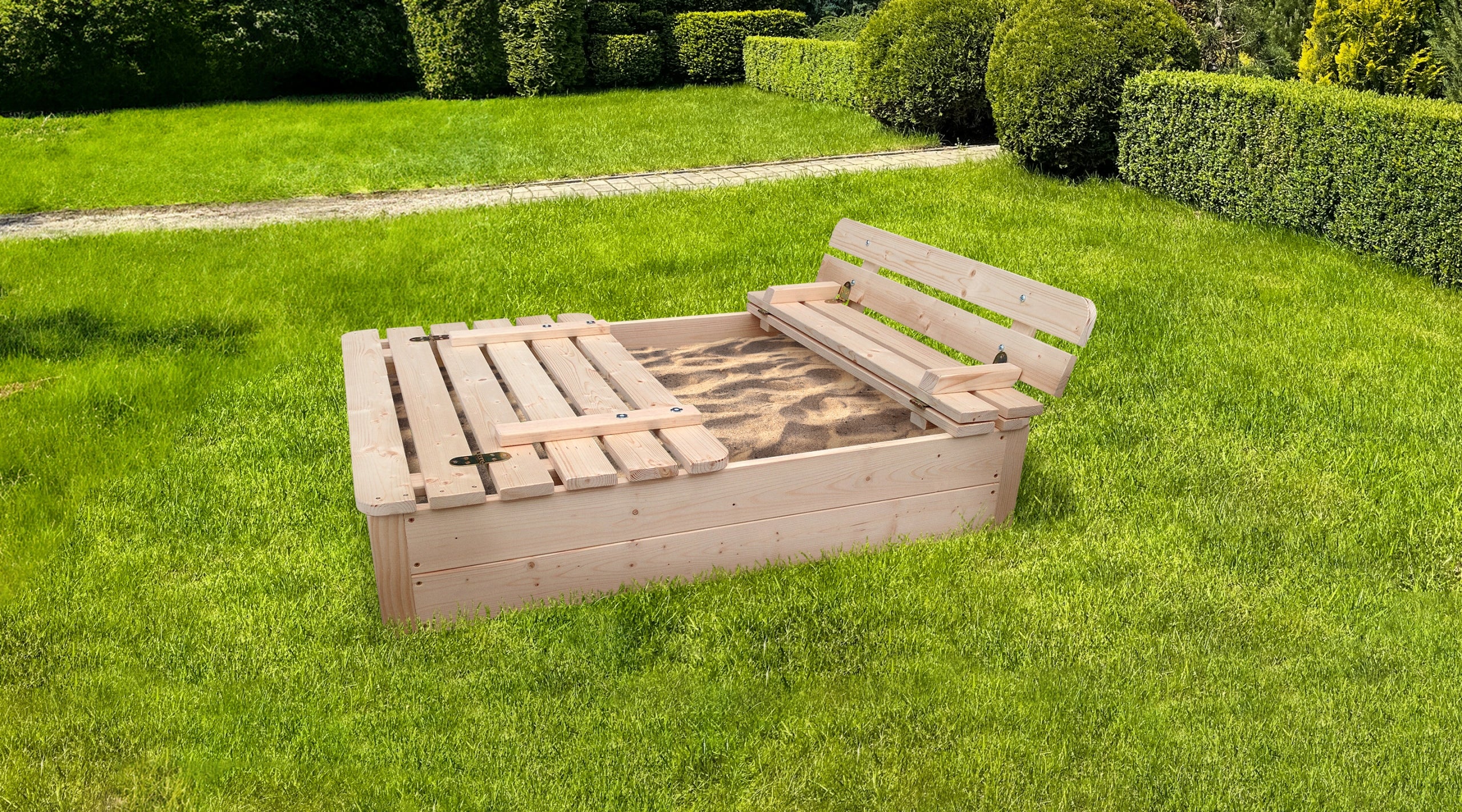 Sandbox Lockable Large Wooden Folding with Benches 120x120cm Garden Packaging status original