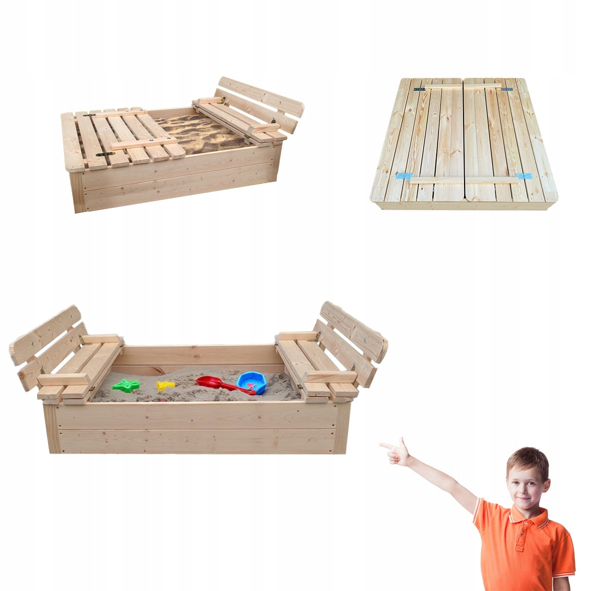 Sandbox Lockable Large Wooden Folding with Benches 120x120cm Garden