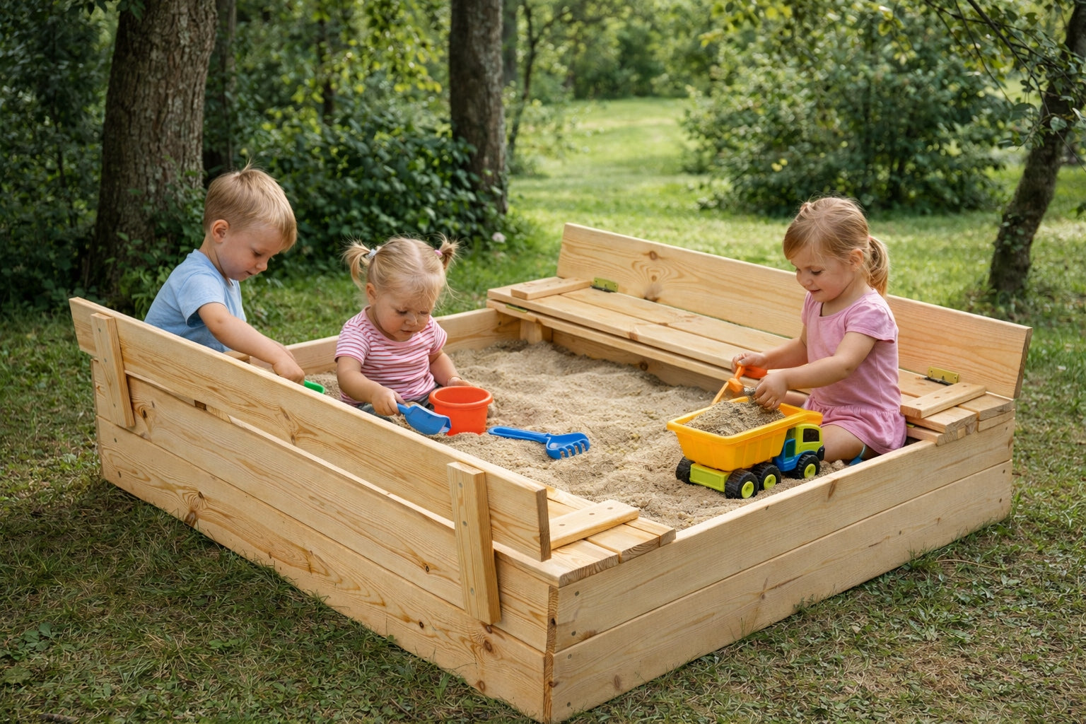 Sandbox Wooden 120x120x25 Lockable with Benches 2in1 Thick Boards Kind wooden