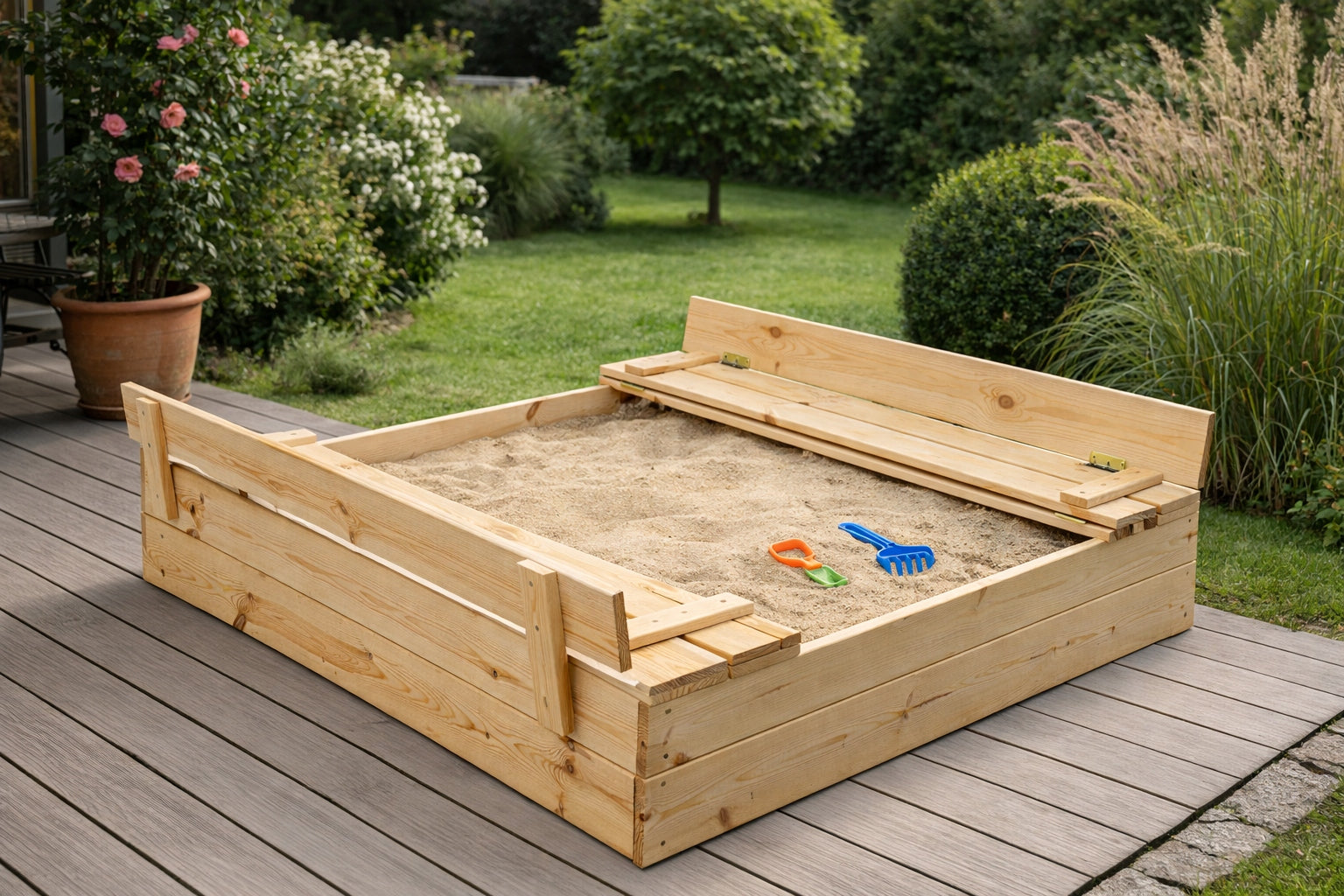 Sandbox Wooden 120x120x25 Lockable with Benches 2in1 Thick Boards Packaging status original