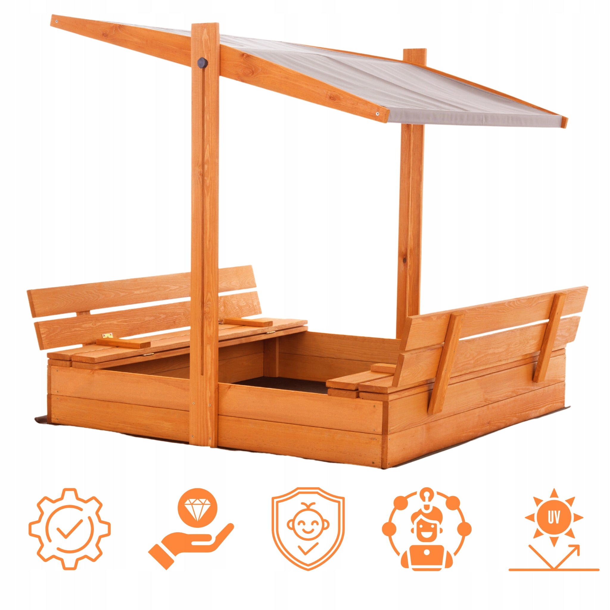 Sandbox with Canopy Impregnated Wooden Lockable 120x120 with Benches Kind wooden