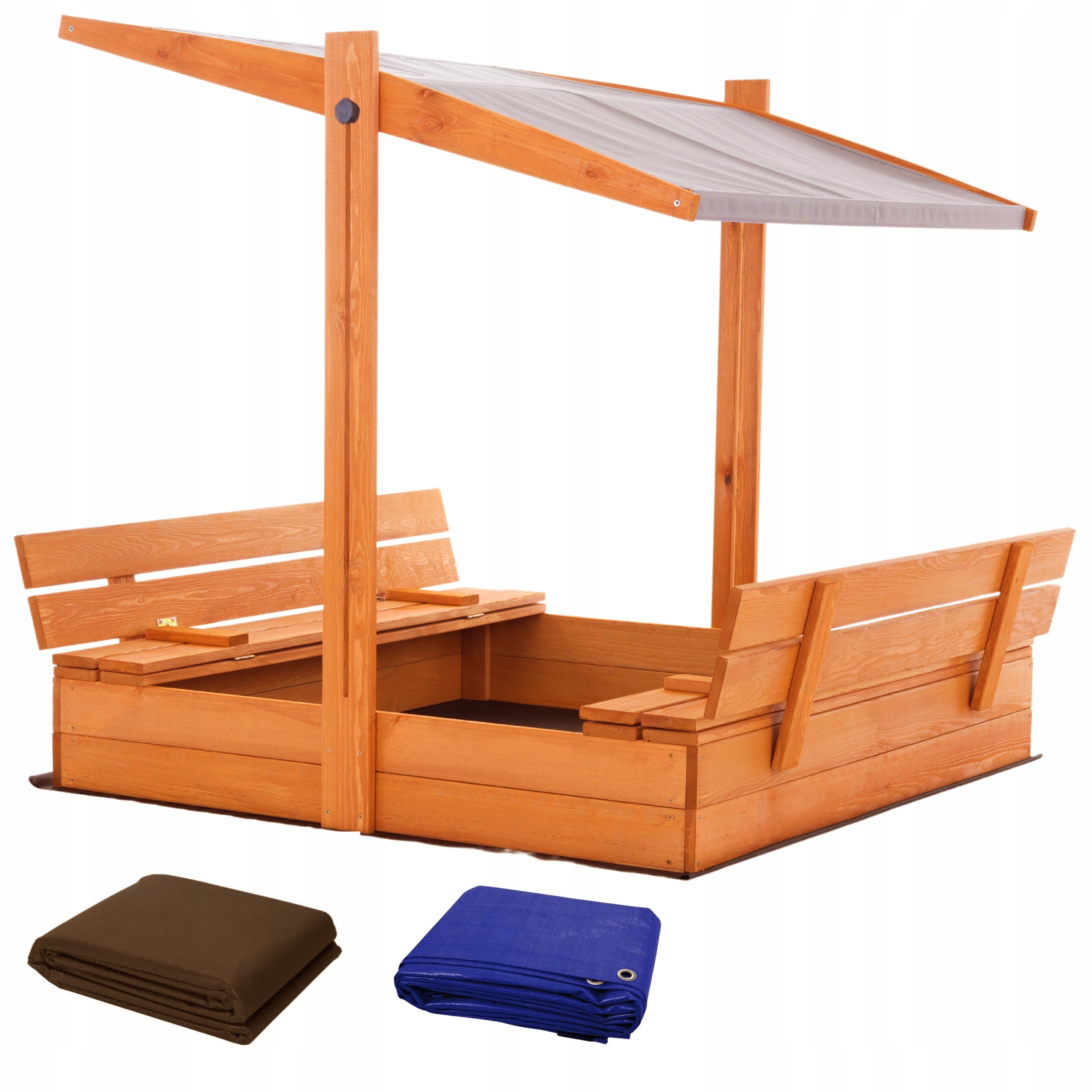 Sandbox with Canopy Impregnated Wooden Lockable 120x120 with Benches
