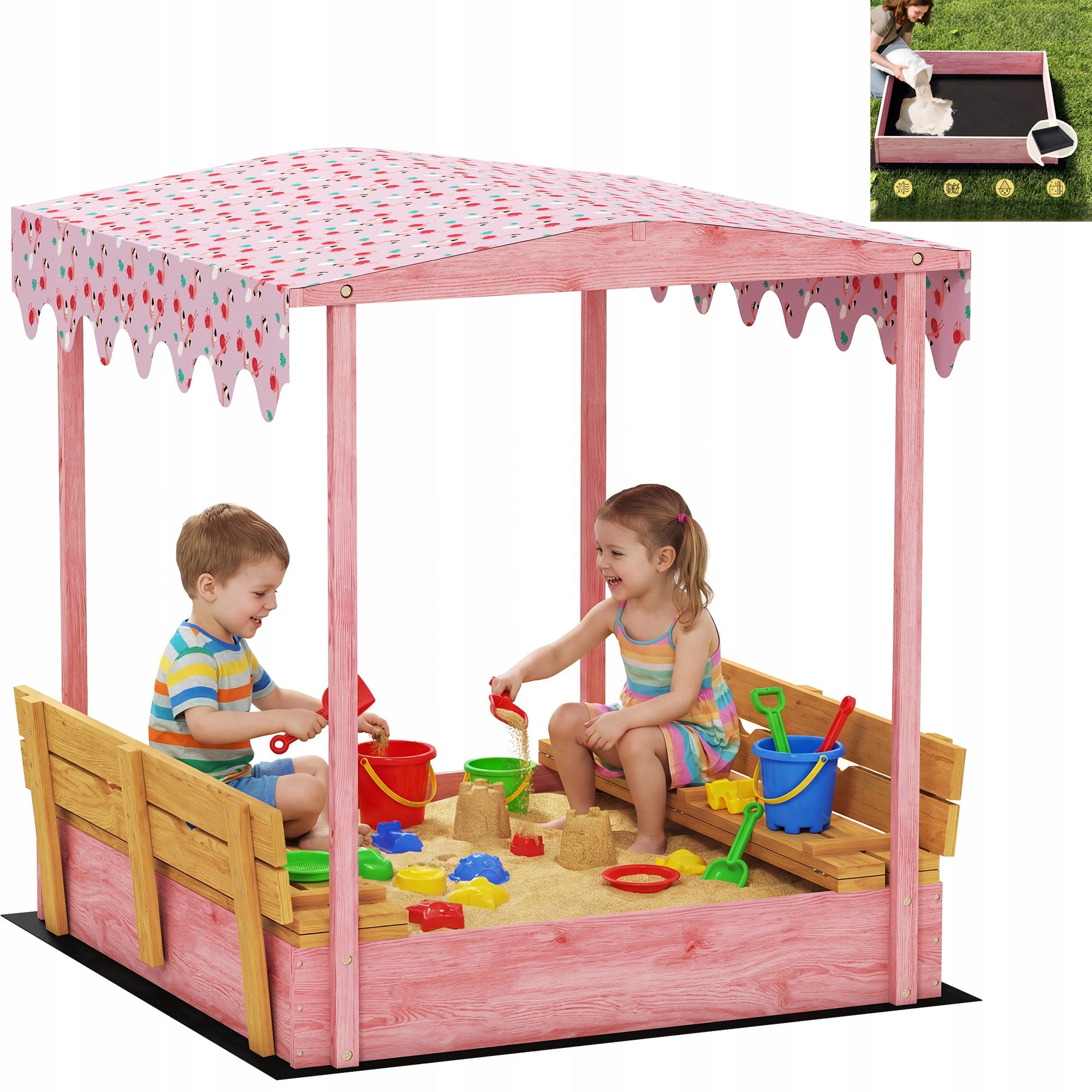 Sandbox with Canopy Impregnated Wooden Lockable with Benches 130 cm