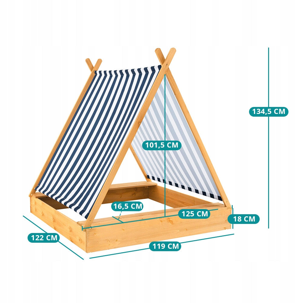 Sandbox with sun visor and wooden benches for children Kind wooden