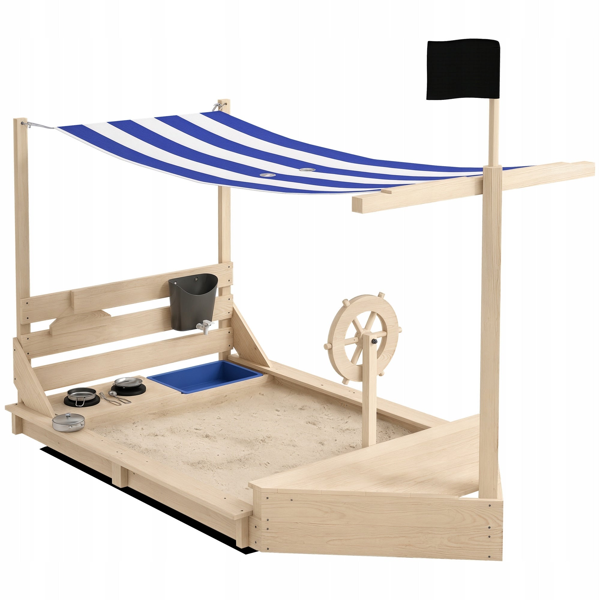 Sandbox with sun visor in the shape of a pirate ship