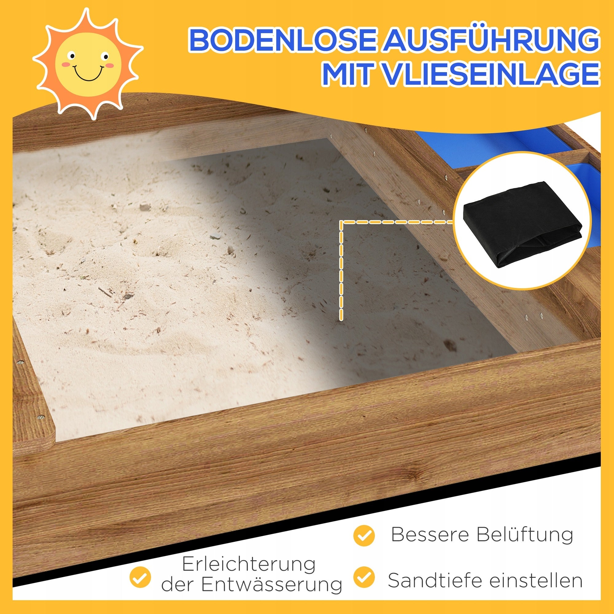 Sandkasten for children with roof, wooden, with accessories, 124x116 cm Kid's age 3+ years