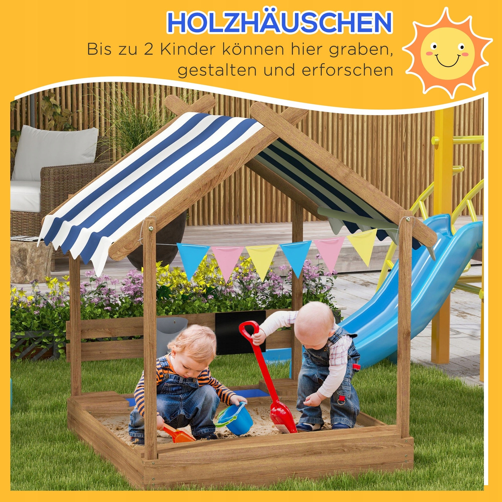 Sandkasten for children with roof, wooden, with accessories, 124x116 cm Kind wooden