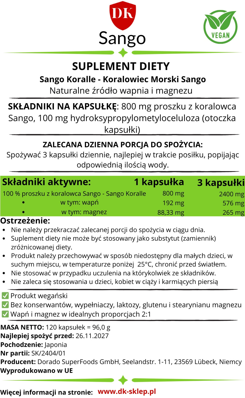 Sango Sea Coral 120 kaps 800 mg Calcium Magnesium Joints Muscle Bones Expiration date at least 1 year from the date of purchase